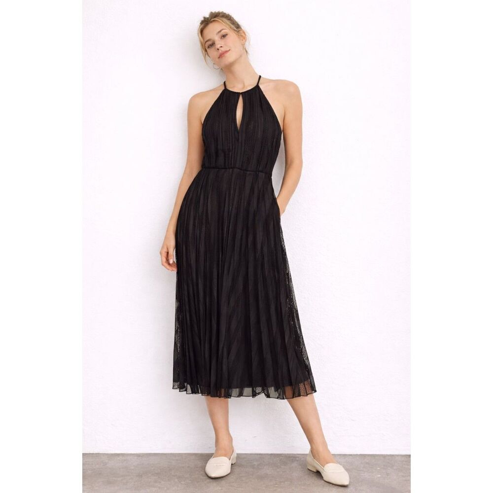 NEW NWT THEORY Pleated Lace Midi‎ Dress Black Sz 6